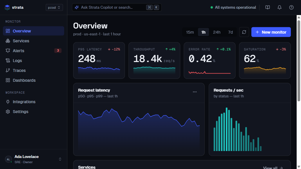 Strata observability dashboard — overview screen